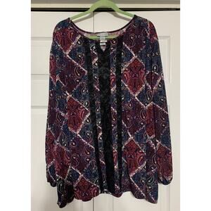 Catherine’s Flowy Paisley Tunic Top Blouse With Lace Accents Size 3X